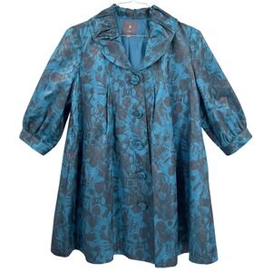 XXI Women's Swing Coat Teal Blue Abstract Jacquard Portrait Collar Pleated M
